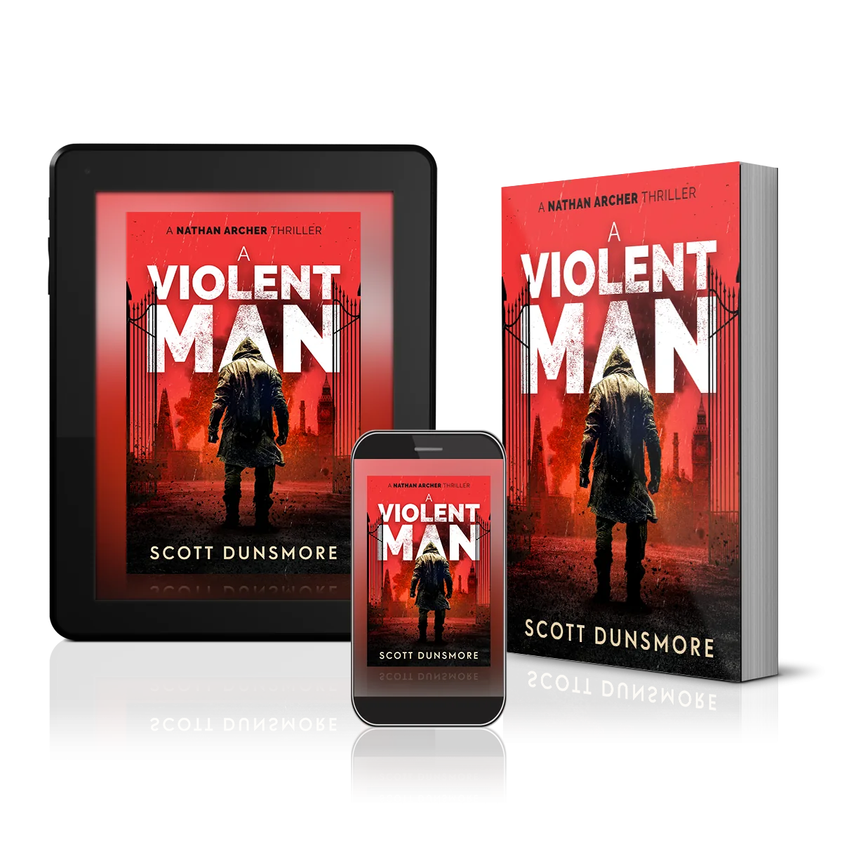 A Violent Man shown on a tablet and a phone, alongside the paperback edition