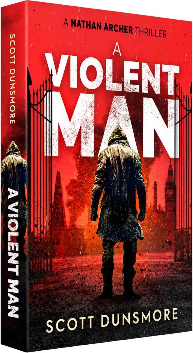 The hardback of A Violent Man by Scott Dunsmore, shown at an angle: a hooded figure walks away through black iron gates under a red sky.